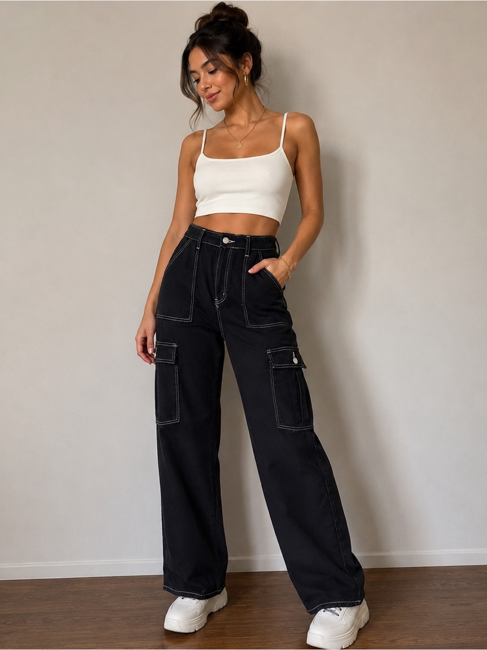 S.O.N.G Black Cargo Pants Contrast Stitch Utility Y2K Size 9/29